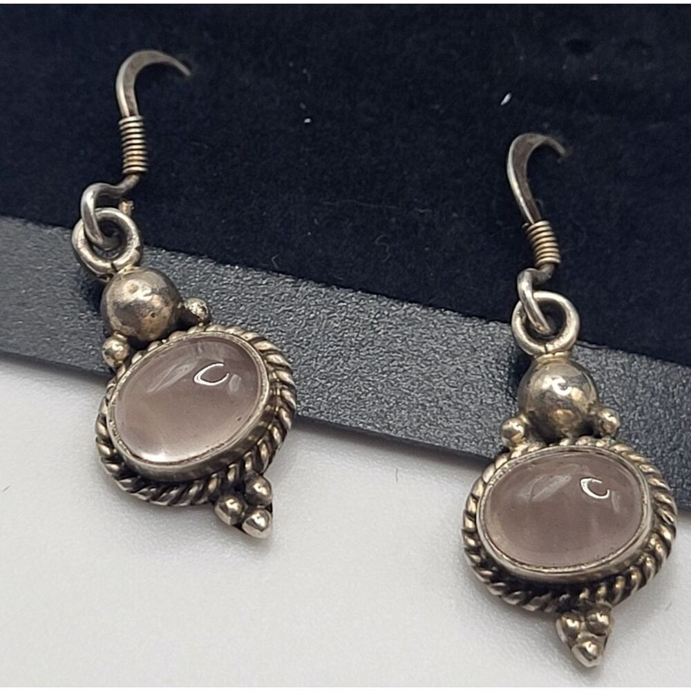 Vintage 70s Handmade Sterling Silver Earrings Oval Quartz Art Noveau 1.25in